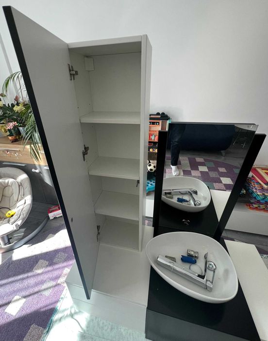 Set Complet Mobilier Baie (MDF) + Oglindă + Lavoar + Baterie