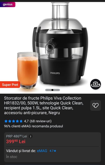 Storcător de fructe Philips Viva Collection HR1832, 500W