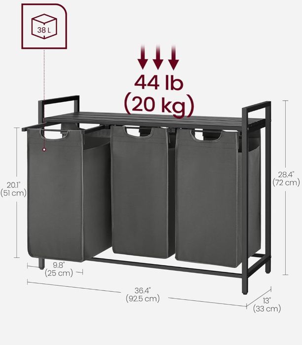Кош за пране с 3 отделения и рафт