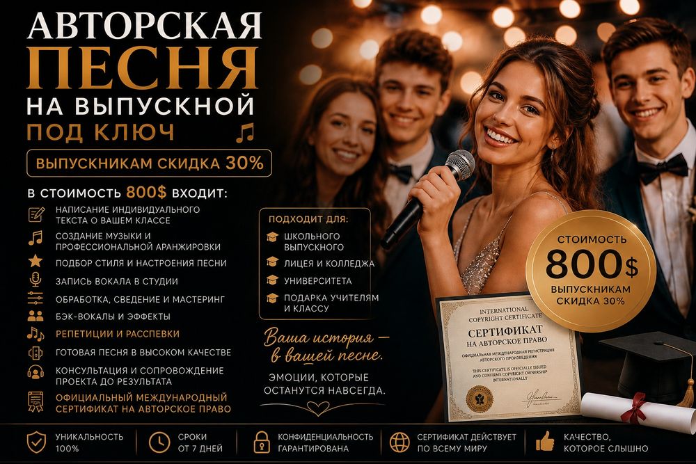 Авторская песня на выпускной под ключ с сертификатом