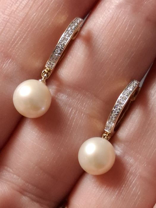 Cercei aur 14k diamante si perle de cultura