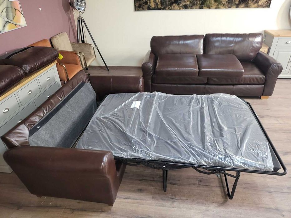 Кафяв кожен комплект дивани четворка и двойка с функция сън
