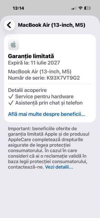 MacBook Air 13" 2026 cu procesor Apple M5, 16GB RAM, 512GB SSD, midnight, NOU (2 cicluri), garantie iulie 2027
