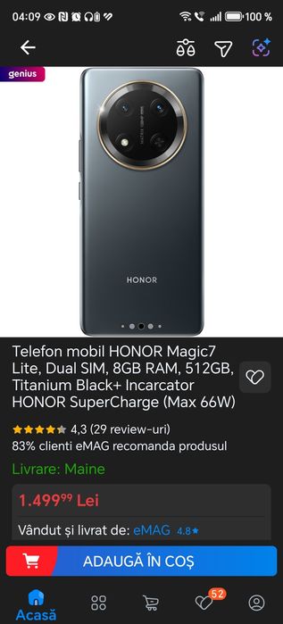 Telefon mobil HONOR Magic7 Lite, Dual SIM, 8GB RAM, 512GB, Titanium Bl