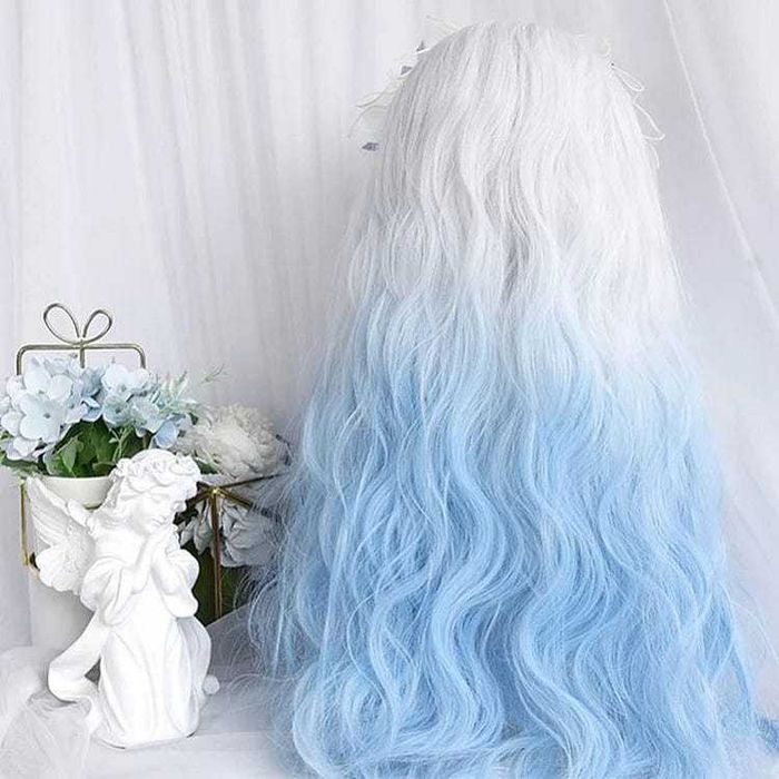 Kawaii Lolita Blue Gradient Чуплива аниме омбре перука бяла / синя