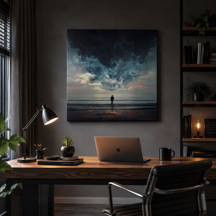 Tablou canvas Neclintit, om pe plajă sub furtună, artă surrealistă, 60×60 - 100×100 cm