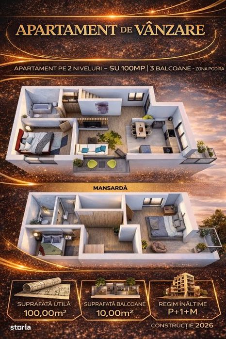 Apartament pe 2 Niveluri - SU 100MP I 3 Balcoane - zona Pod IRA