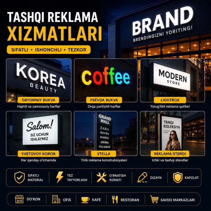 Tashqi reklama | Hajimli harflar, Lightbox, Banner, Oracal