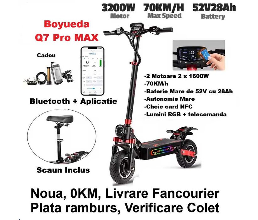 Noua, Sigilata‼️BOYUEDA Q7 Pro MAX 3200W, 2 x 1600W Dual Motor, Baterie 52V 28AH, Card NFC, Bluetooth - Frane Hidraulice - Scaun - 2 incarcatoare 3A