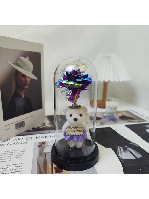 Мече с роза в стъклeница с LED светлинни ефекти и надпис I Love You