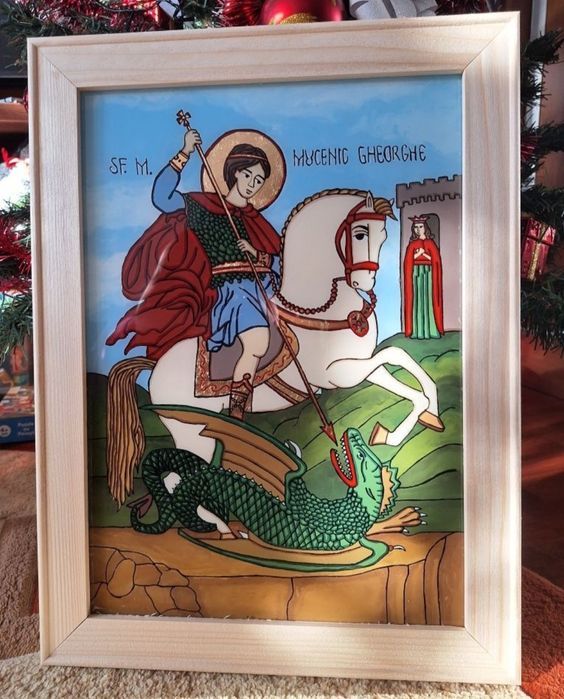 Icoana pictata pe sticla cu culori acrilice-sf Gheorghe
