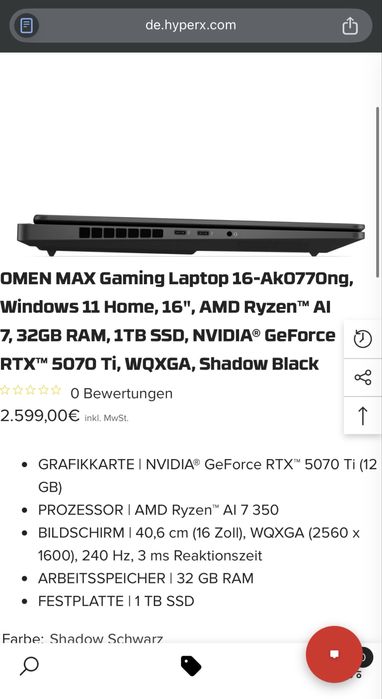 Laptop HP OMEN MAX  16 - Ryzen AI 7 350, RTX 5070 Ti, 32GB DDR5