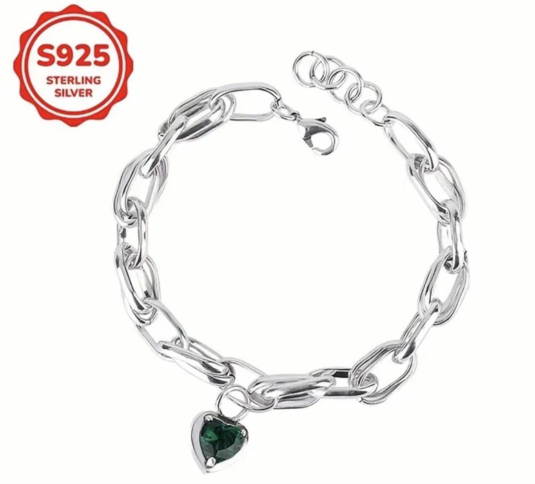 Сребро S925 / Сребърна гривна със зелен цирконий - 20см