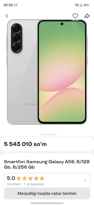 Samsung a56 256gb 1.5 oy boʻldi