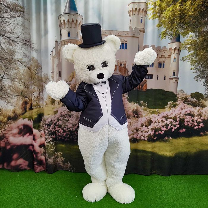 Costum mascota urs alb Teddy Bear luxury fur elegant pentru evenimente