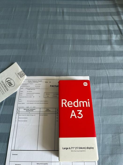 Telefon Redmi A3 Black NOU, SIGILAT, factură și garanție 2 ani, 128 GB Rom, 4 GB RAM. Baterie 5000mAh. Large 6.71 display