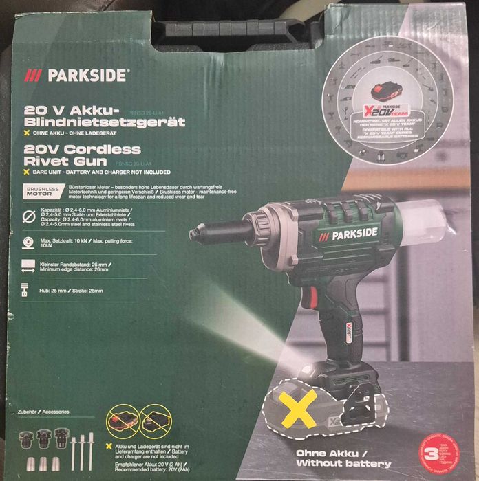 PARKSIDE 20V Акумулаторен инструмент за глухи нитове, нитачка, гаранци