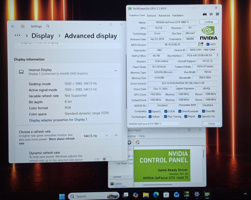 15.6' IPS 144hz MSI GF65 Core i7-10750H/GTX 1660Ti 6GB/16GB/512GB SSD