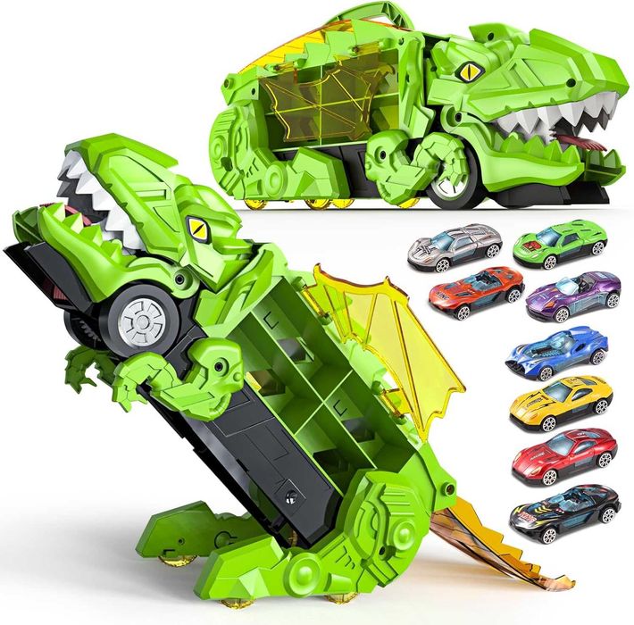 DinoMax–Camionul care Inghite Masini, 8 Masinute, Pista de Lansare,