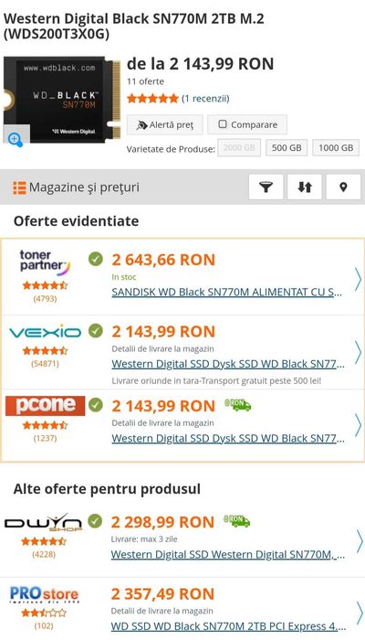 Ssd 2 Tb Western Digital WD Black SN770M Nou Sigilat