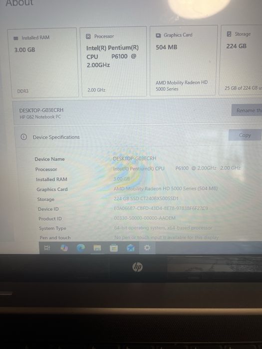 Laptop HP G62, SSD 240 GB, Windows 10, încărcător original