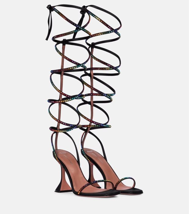 Туфли Amina Muaddi Black Crystal Lace-Up Sandals Rainbow Stones