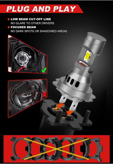 Set 2 becuri led auto H7 180W 6000k 20000lm forma la fel cu halogen