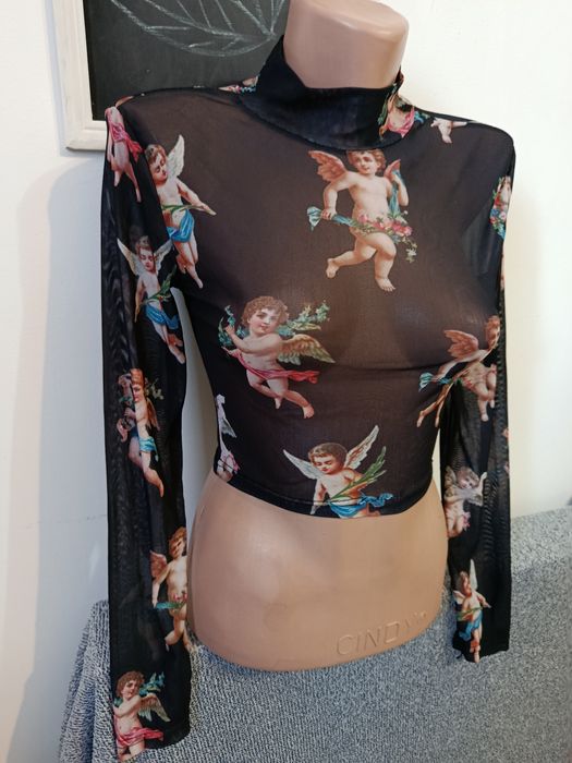 Bluza Pull and Bear mesh cu îngerași Punk Rock Goth Altercore mărimea XS-S elastica