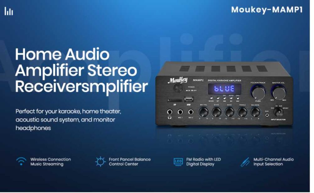 Bluetooth 5.0 стерео аудио усилвател Moukey 2.0 канален USB,SD,AUX,RCA