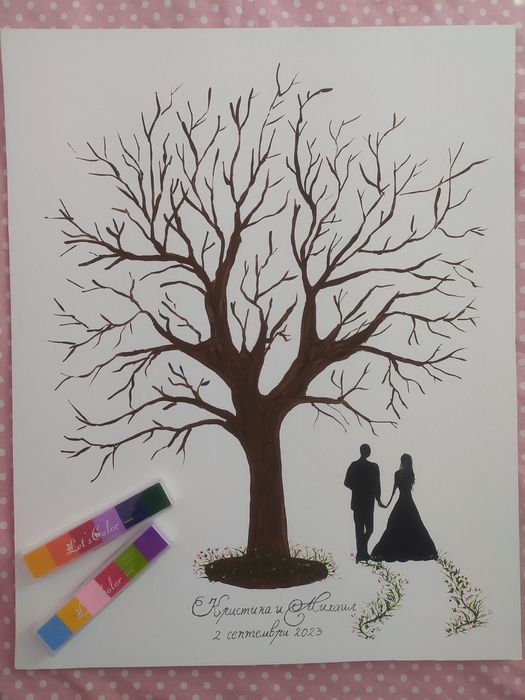 Рисуване на Сватбено дърво за отпечатъци по поръчка Сватба Кръщене Рож