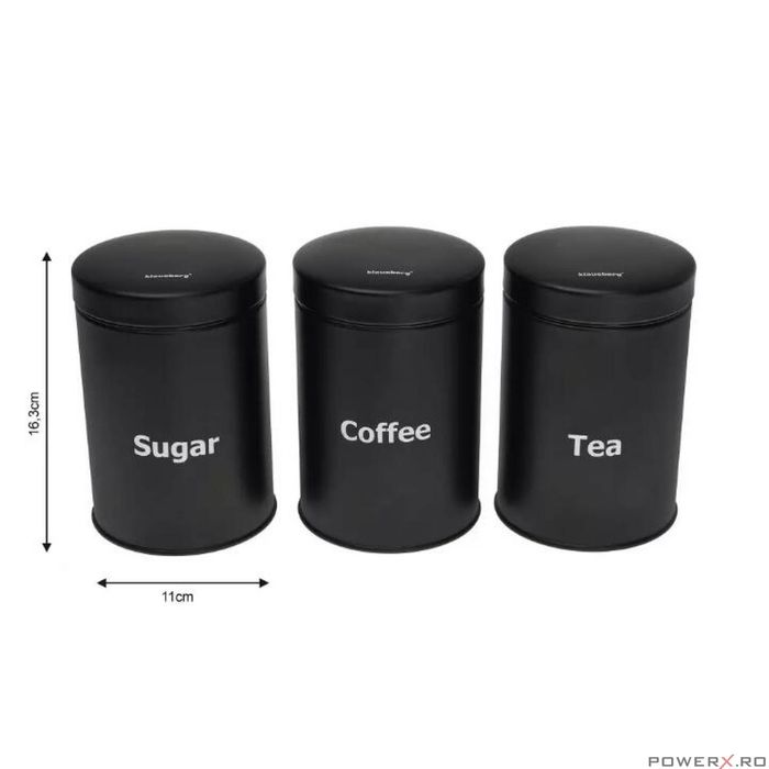 Set 3 recipiente pentru bucatarie cu inscriptii albe, inox, negre,