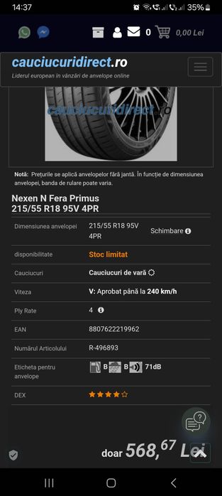 4 Anvelope vara NOI dot 2024 Nexen NFeraPrimus dealer Hyundai 215/55/1