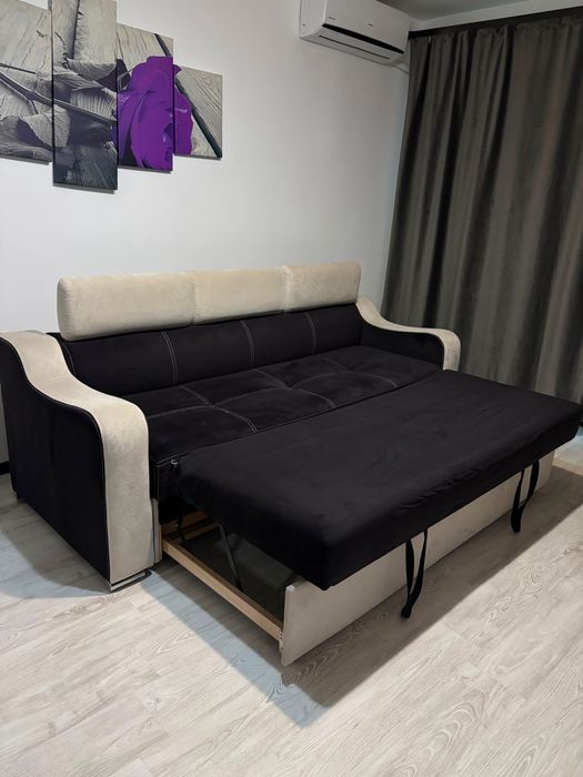 Canapea 3 locuri extensibila, Giulia II Alb/Negru, saltea Relaxa, lungime 225 cm