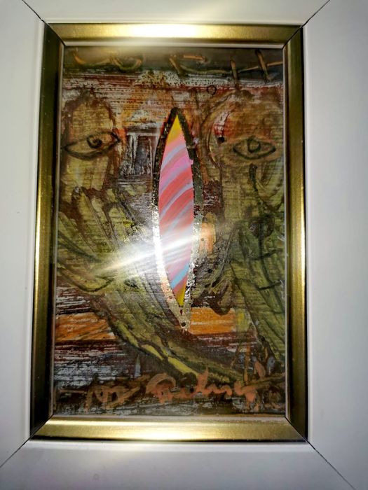 Картина миниатюра  масло дърво  “ Диалог “ Никола Певичаров Пловдив