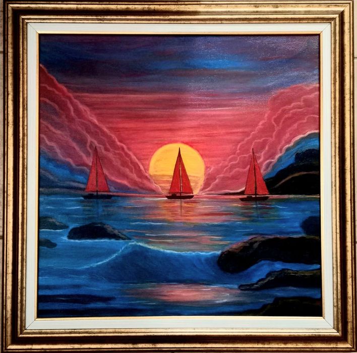 PEISAJ MARIN CU BARCI, pictat manual pe pânză 50x50cm