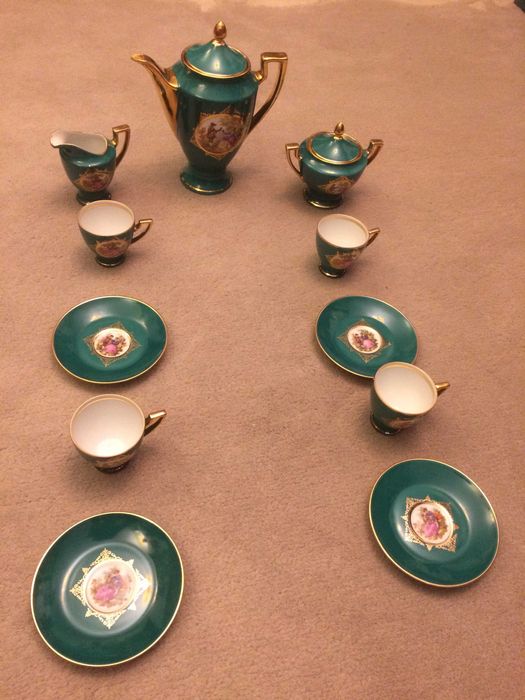 Serviciu cafea ceai vechi pictat portelan aurit bibelou LIMOGES FRANTA