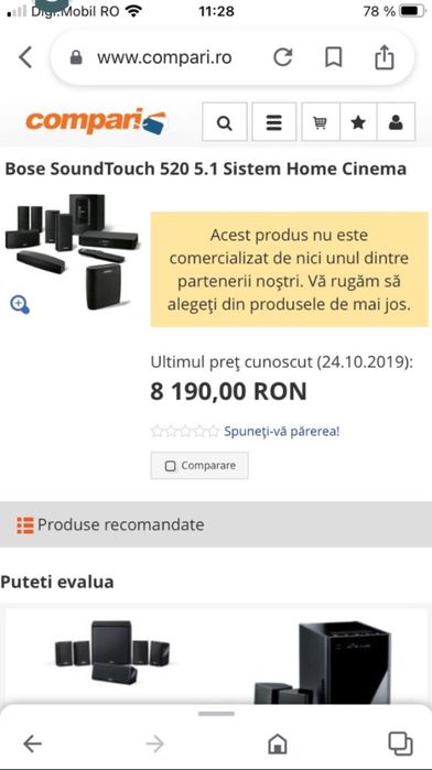 BOSE CineMate 520 Putere 800W Bluetooth WiFi 4K Preț deMAGAZIN8200 Lei