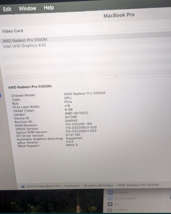 Apple MACBOOK PRO 16 2019 I7 32GB 1TB RX 5500M 8GB
