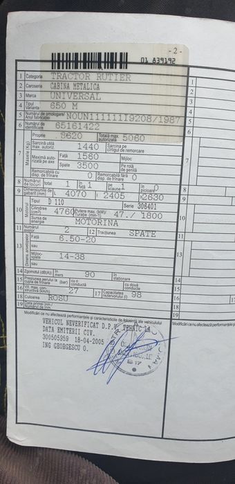 Tractor U 650 M cu Carte identitate și fiscal