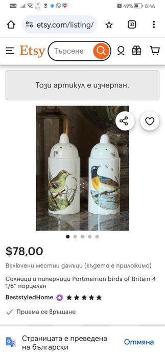 Порцеланов комплект сет сол и пипер солница и пиперик ръчно рисувани.