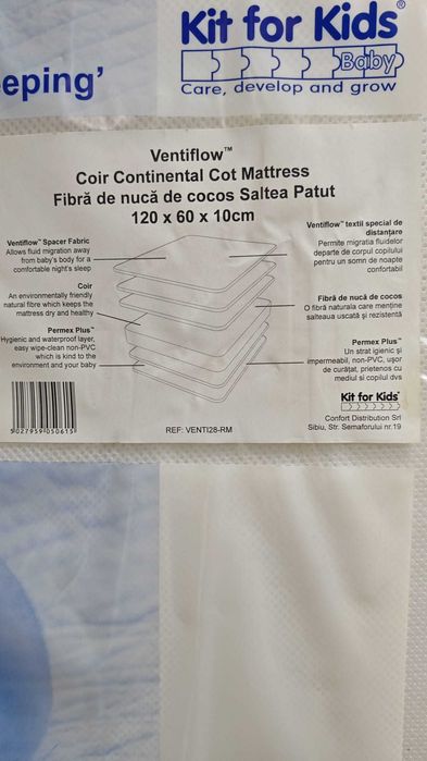 Vând saltea de calitate superioară, sigilată, de dimensiuni 120 x 60 x 10 cm pentru pătuțul copilului