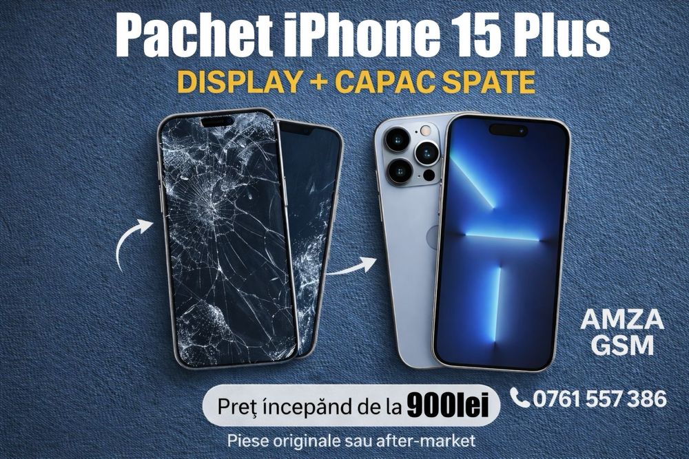 Pachet Display + Sticla Spate iPhone 15 16 14 13 12 Pro Max Plus Ecran