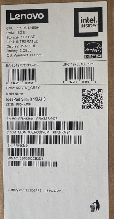 НОВ! Lenovo IdeaPad Slim 3 15IAN8 i5-12450H/1TB SSD/16RAM