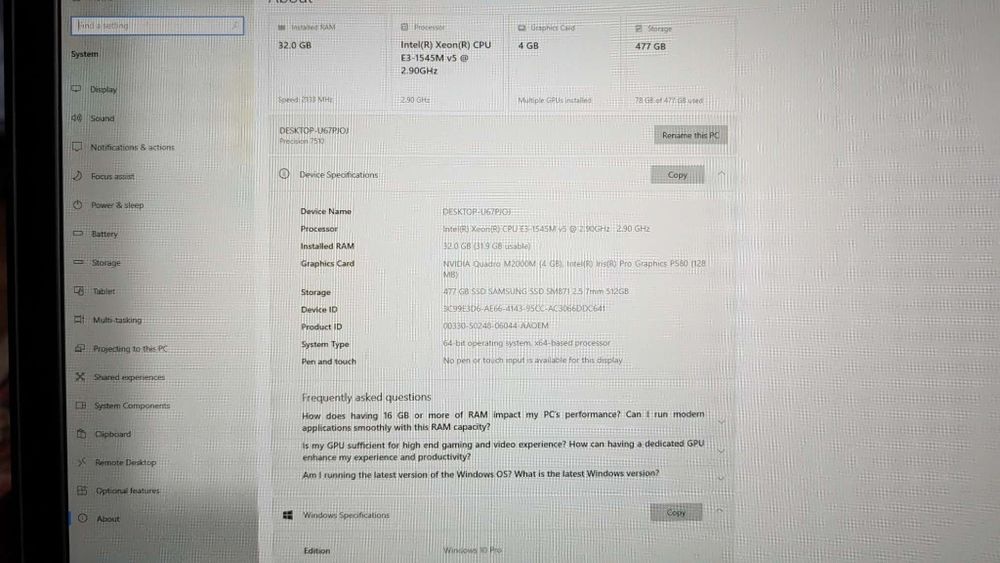 Laptop Workstation Dell Precision 7510 Xeon 2.9GHz 32GB RAM