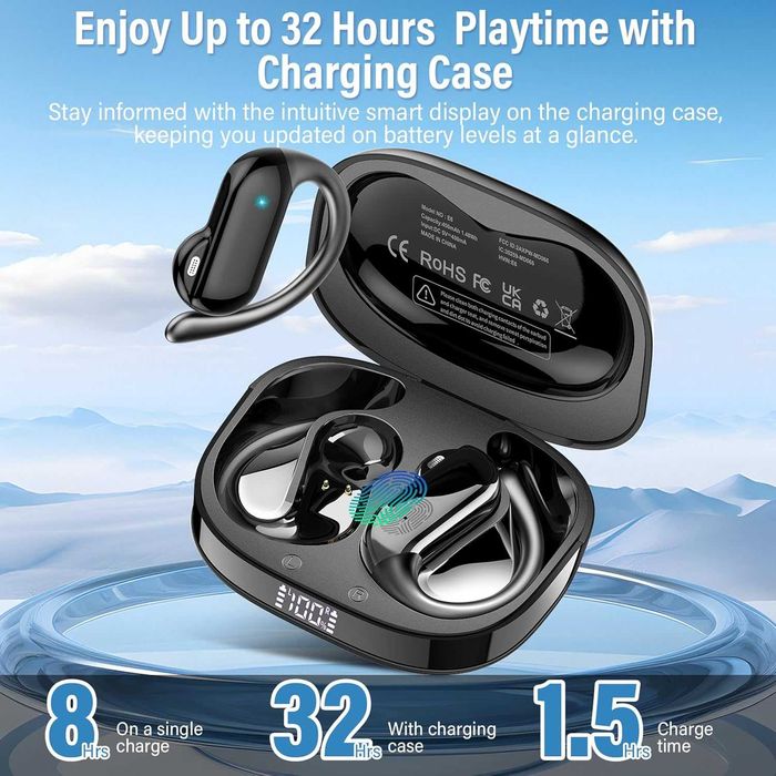Безжични Bluetooth 5.4 слушалки с отворени уши и кукички за уши, 32H HiFi стерео слушалки