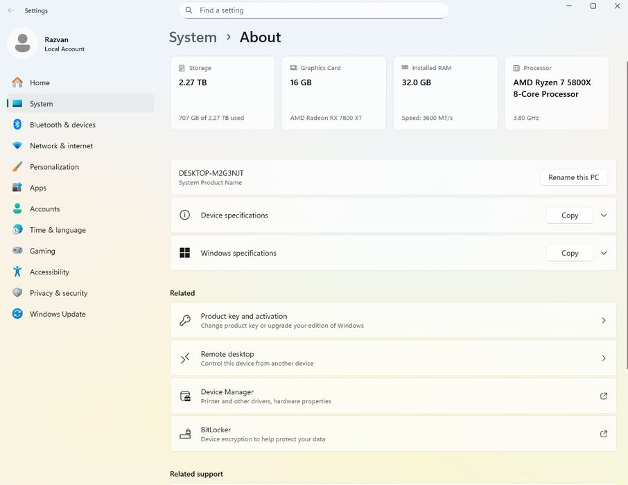 PC Gaming Ryzen 7 5800X 32GB RAM 7800 XT 16GB In Garanție 2 ani