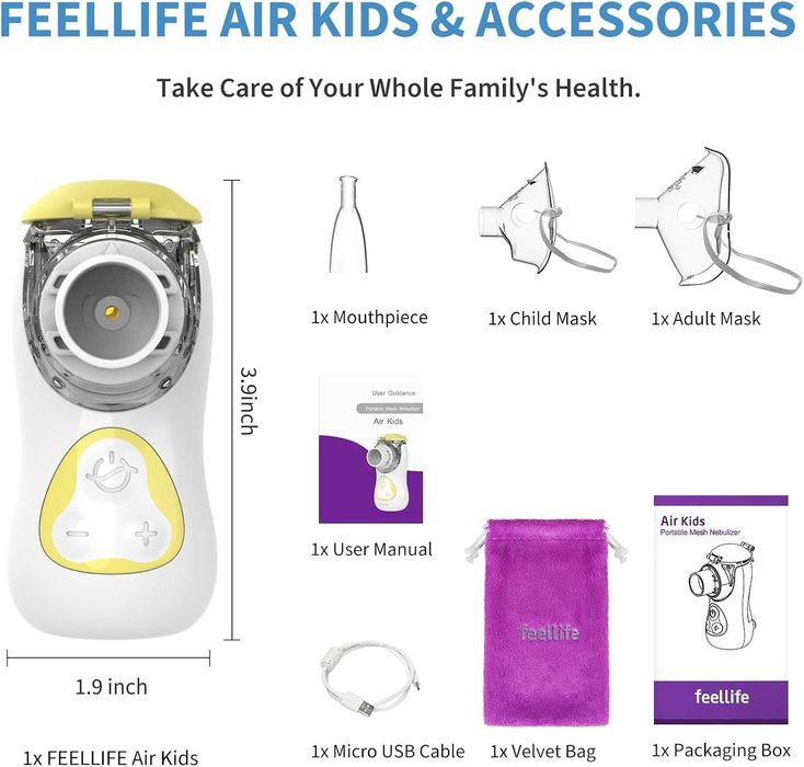 FEELLIFE Небулизатор за възрастни, преносим небулизатор тип C с акумулатор за възрастни и деца, безшумен преносим ръчен инхалатор за дома и пътуване