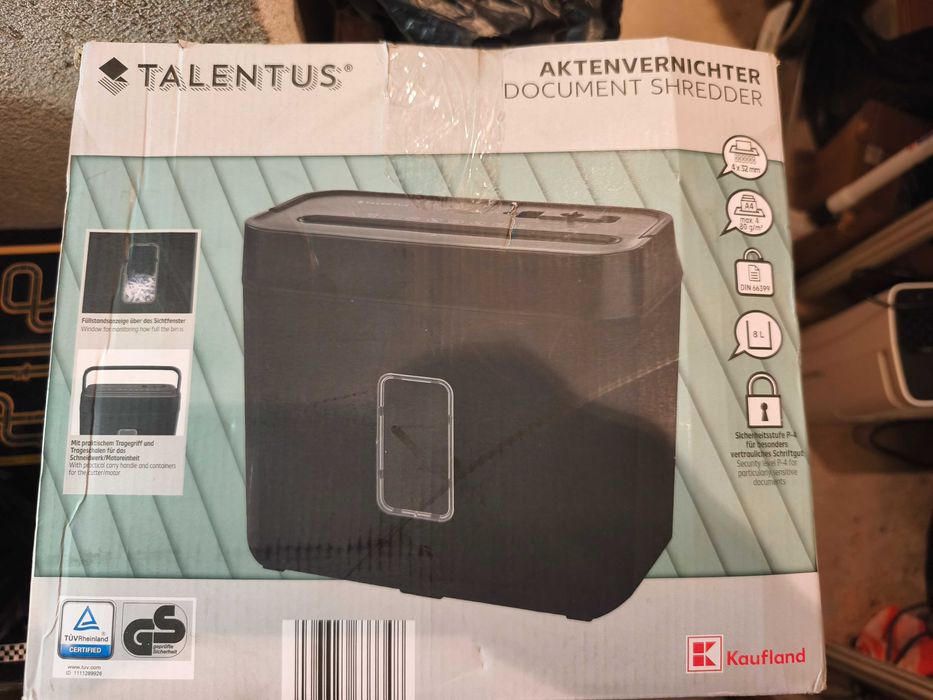 Чисто нов офис шредер за документи Talentus (P-4 ниво на сигурност, 8L), нов тестван и проверен
