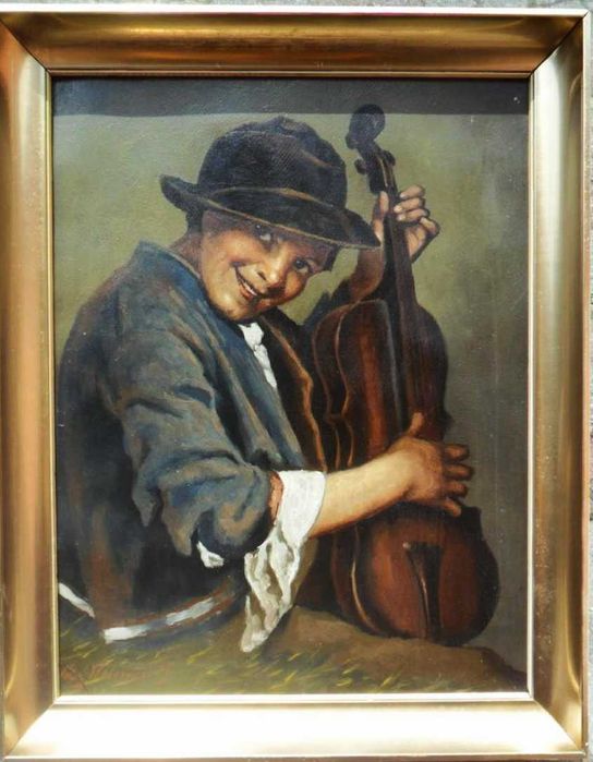 ”Simpaticul băiat muzician” 70x50cm+rama. Ulei/carton, semnat.