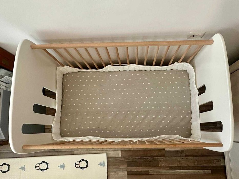 Patut bebe Primii pasi cu sertar, saltea cocos, protectie si asternuturi Ikea
